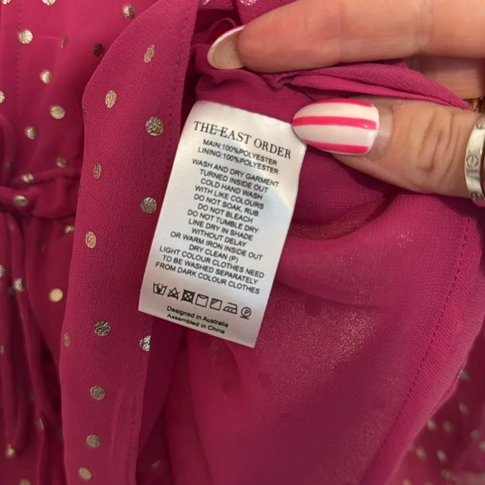 THE EAST ORDER Taylor Long Sleeve Tie Waist Bright Pink Metallic Dot Top - Picture 6 of 12